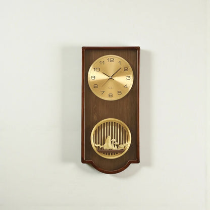 Wood Analog Wall Clock - Eastley features a gold clock face with Arabic numerals and hands above a decorative gold grille showcasing a miniature scene, all set in a hardwood frame.