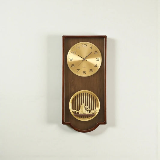 Wood Analog Wall Clock - Eastley features a gold clock face with Arabic numerals and hands above a decorative gold grille showcasing a miniature scene, all set in a hardwood frame.