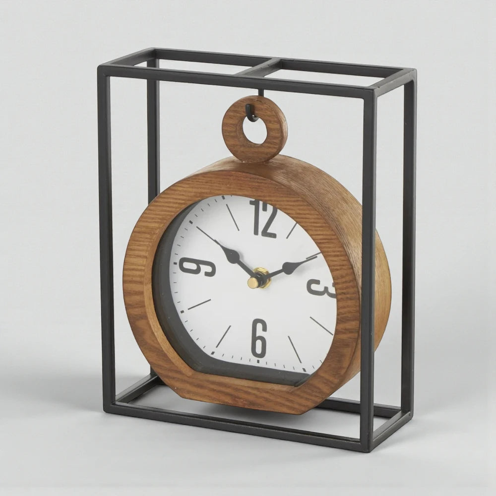 Suspended Clock - Jarwin: A round wooden clock face with black hands, elegantly suspended in a rectangular black metal frame, offering a modern, geometric design for a mantel or desk.