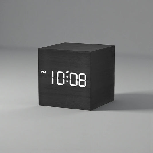 Cube Alarm Clock - Corven: A sleek, wood-textured digital clock displaying 10:08 PM with a clear LED screen, perfect for modern bedside tables.