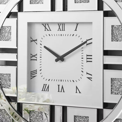 Decorative mirror wall clock - Stratton features a square white face with black hands, Roman numerals, and a mirrored geometric frame with a crushed diamond inlay, adding glamour to any room.