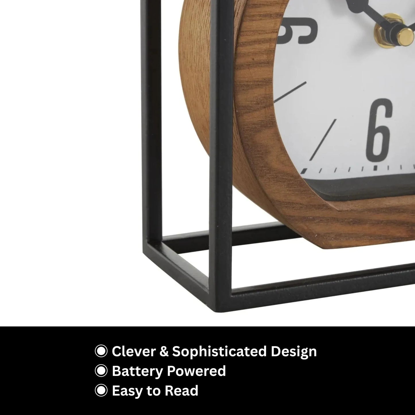 Suspended Clock - Jarwin: A sophisticated tabletop clock with a wood-grain face and minimalist black metal frame, featuring easy-to-read black hands and a floating design, ideal for modern elegance.