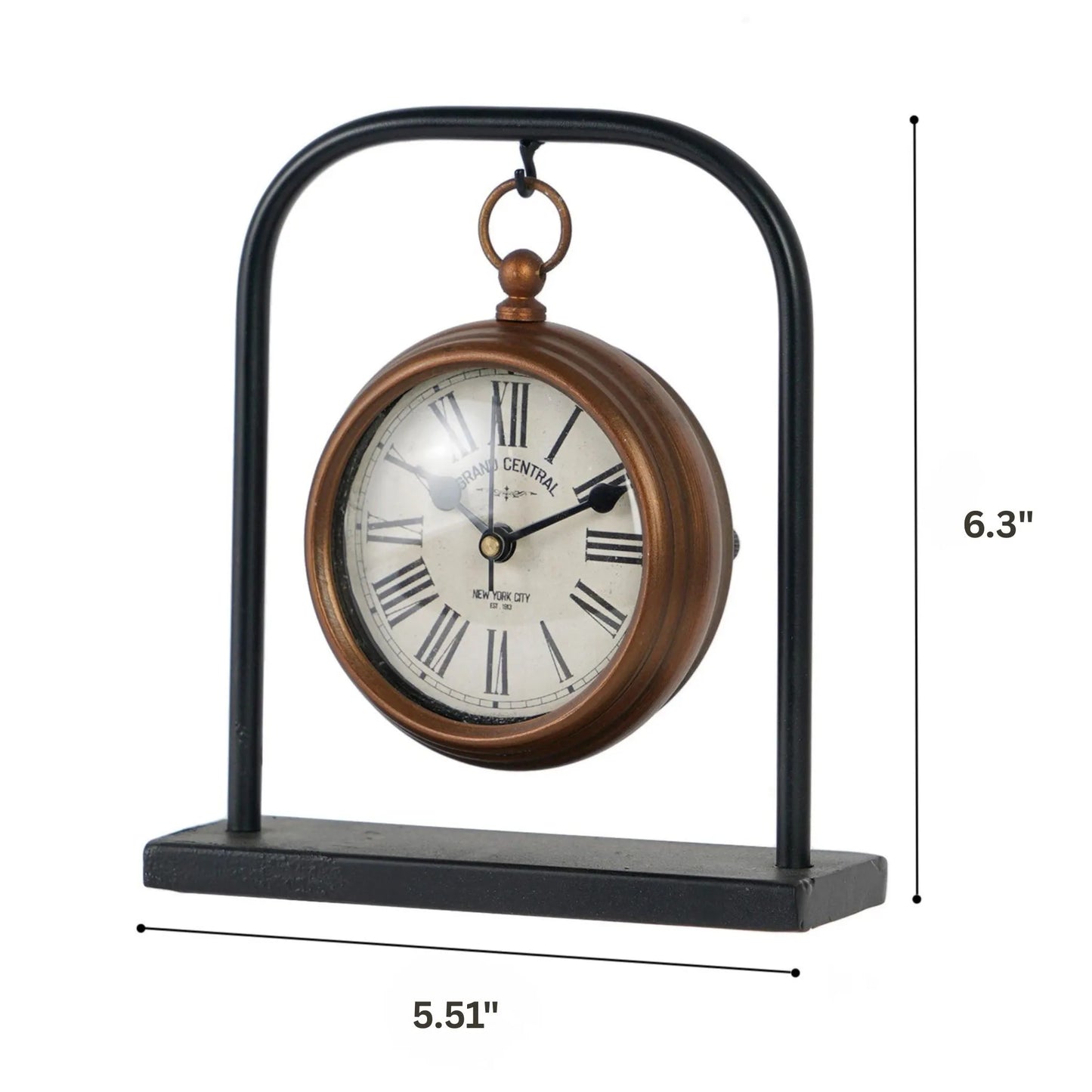 Retro Table Clock - Kelros: A small, charming tabletop clock styled as a vintage pocket-watch, featuring Roman numerals on a round face, suspended from a black metal arch with a stable rectangular base.