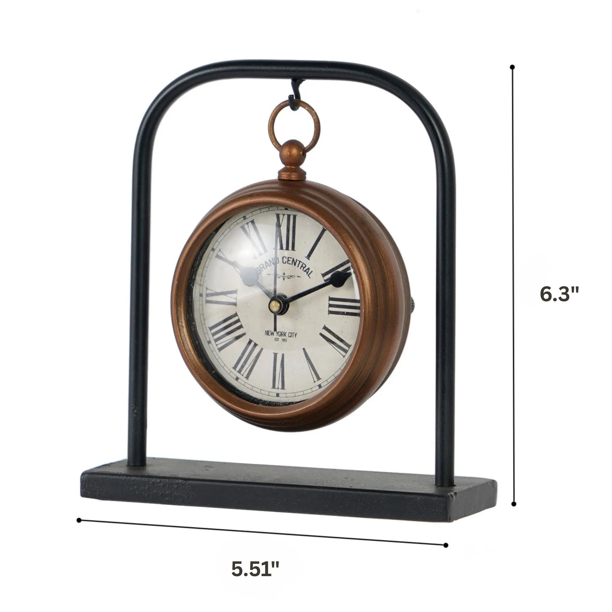 Retro Table Clock - Kelros: A small, charming tabletop clock styled as a vintage pocket-watch, featuring Roman numerals on a round face, suspended from a black metal arch with a stable rectangular base.
