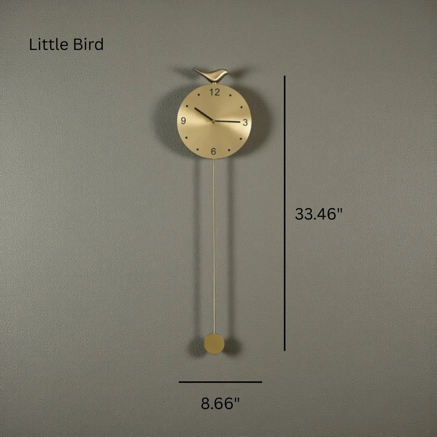 Modern pendulum wall clock - Majesty features a brushed-gold finish with a bird figure atop, minimalist numerals, and a slender pendulum, offering a sophisticated focal point for contemporary decor.