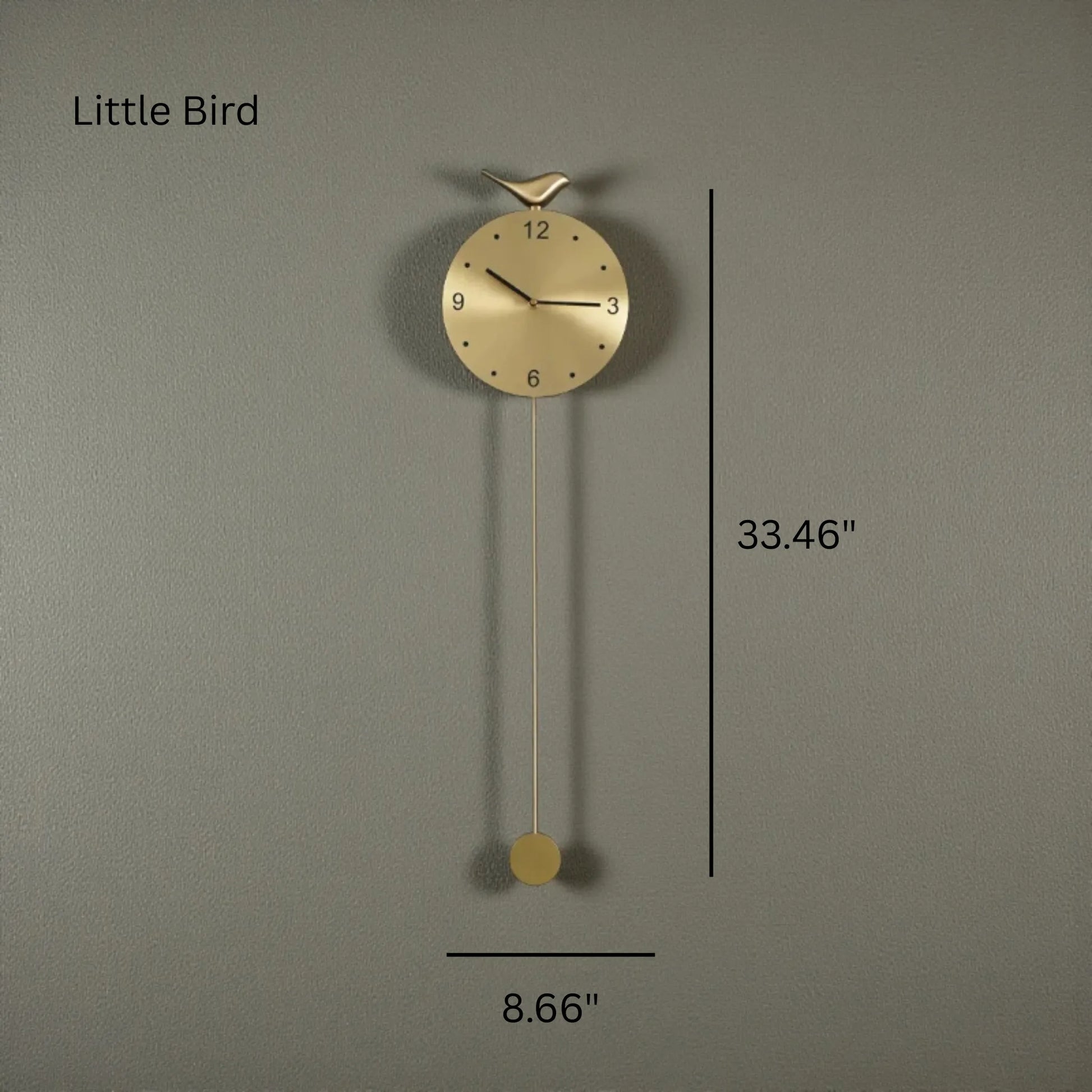 Modern pendulum wall clock - Majesty features a brushed-gold finish with a bird figure atop, minimalist numerals, and a slender pendulum, offering a sophisticated focal point for contemporary decor.