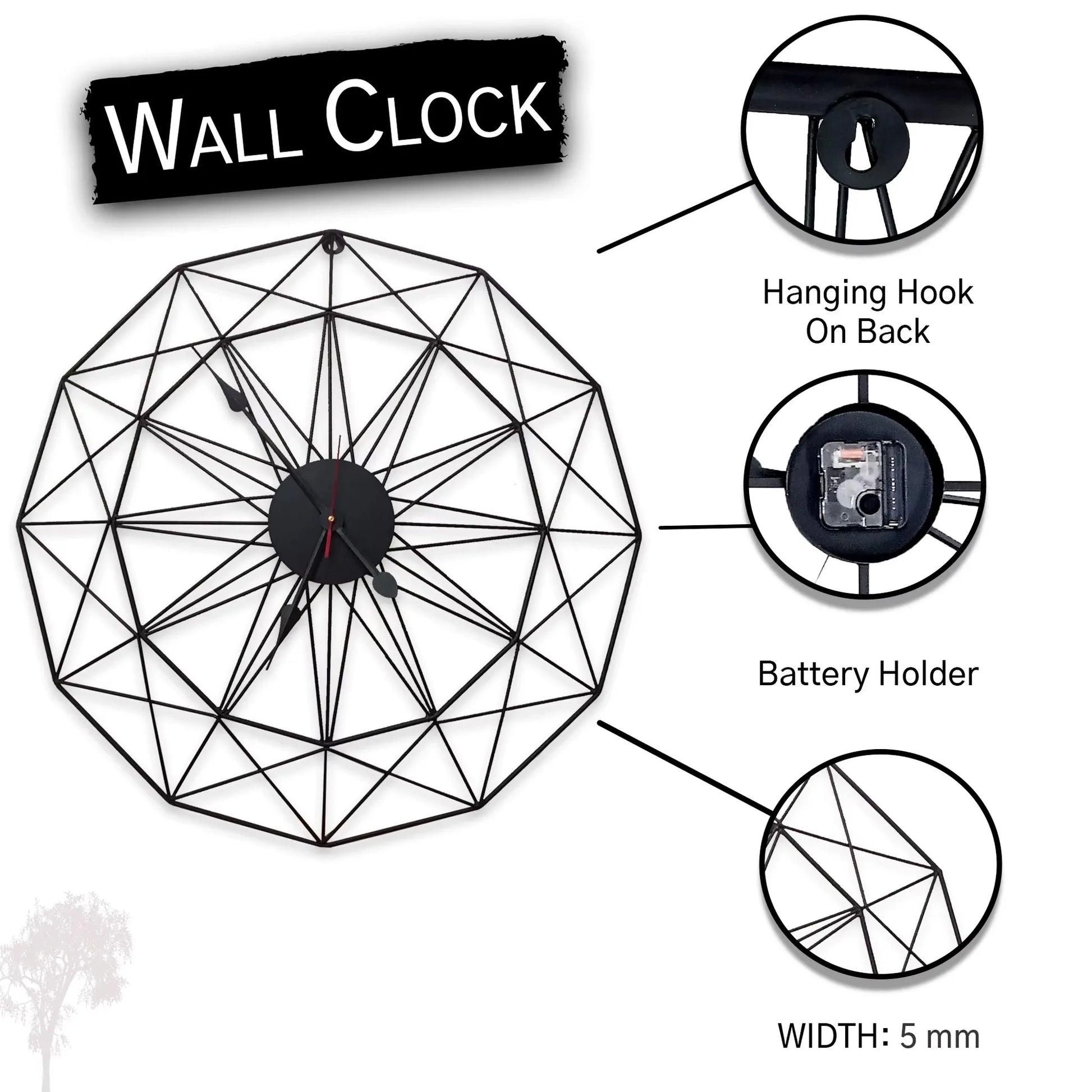 Modern Style Wall Clock - Blenford: A geometrical design in black metal wire, showcasing a central clock face with hour, minute, and second hands. Includes a back hook and battery holder.