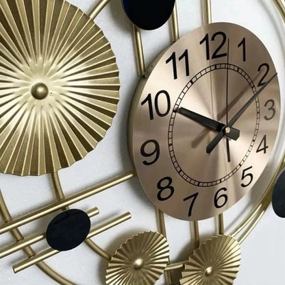 Oversized wall clock modern - Hashford: A gold-tone metal clock with a modern design, floating black numerals, and silent brass hands, enhancing walls with its sculptural elegance and open-face artistry.