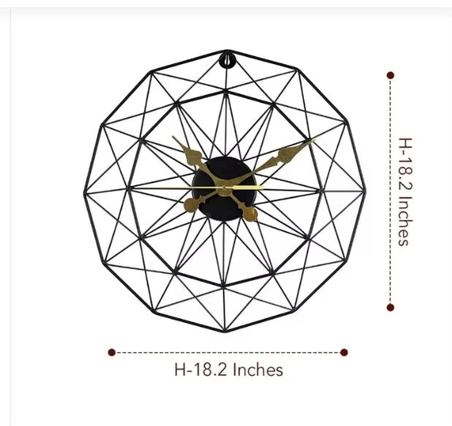 Modern Style Wall Clock - Blenford, featuring a unique polygonal black metal cage design with ornate gold-tone hands, adding minimalist elegance and creative flair to any room. Diameter is 18.2 inches.