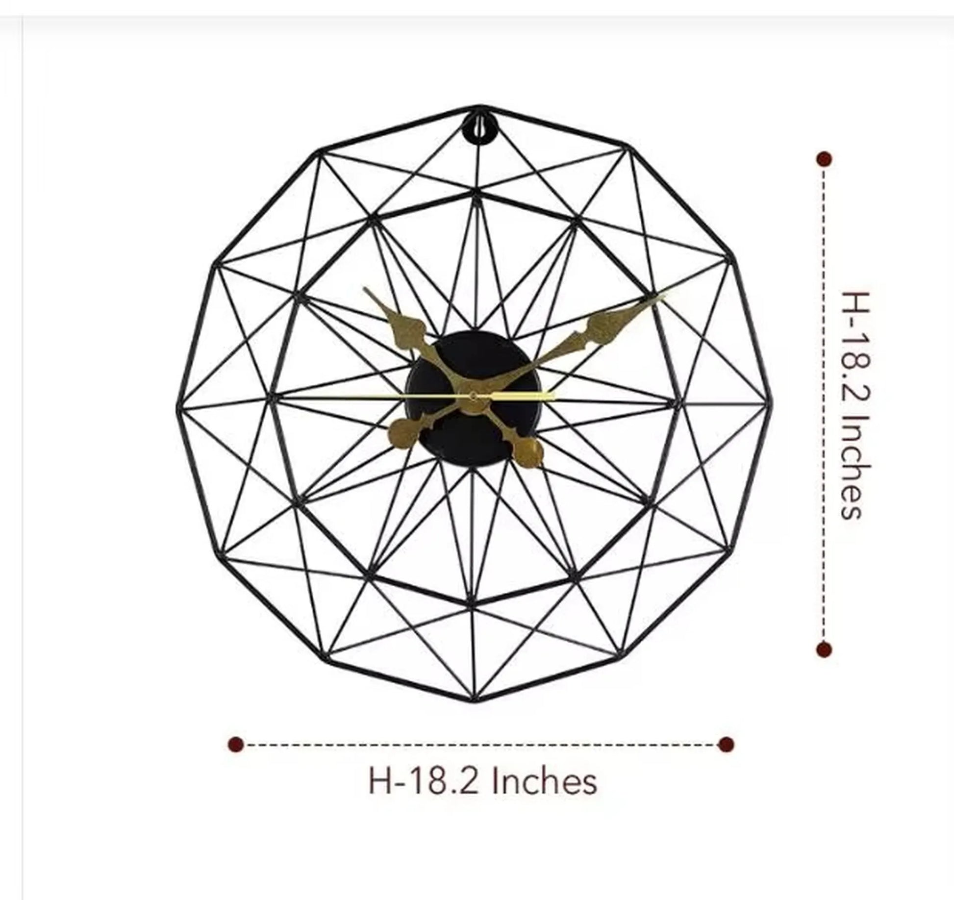Modern Style Wall Clock - Blenford, featuring a unique polygonal black metal cage design with ornate gold-tone hands, adding minimalist elegance and creative flair to any room. Diameter is 18.2 inches.
