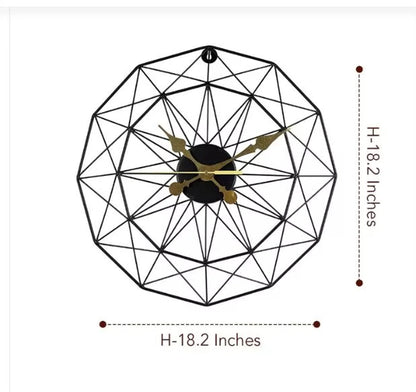 Modern Style Wall Clock - Blenford, featuring a unique polygonal black metal cage design with ornate gold-tone hands, adding minimalist elegance and creative flair to any room. Diameter is 18.2 inches.
