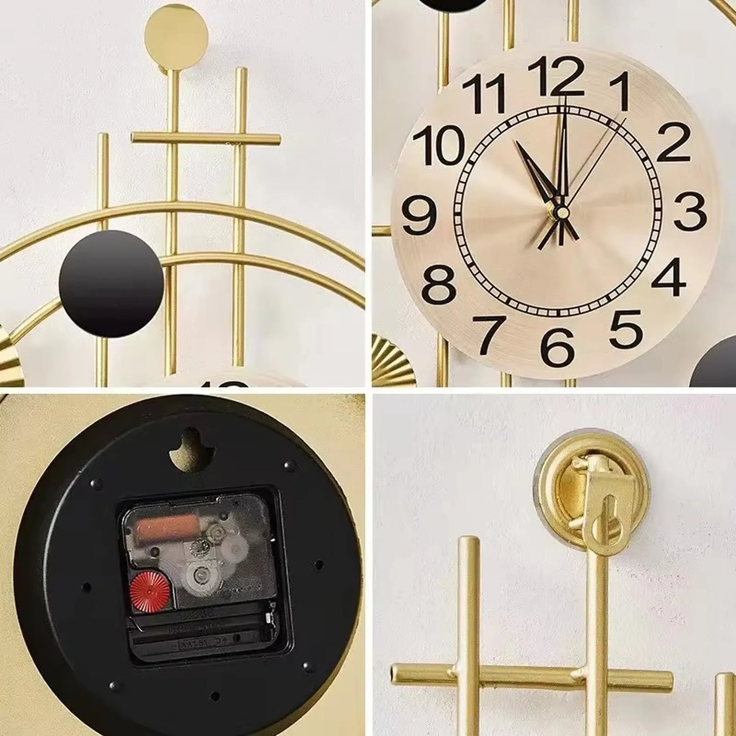 Oversized wall clock modern - Hashford: A gold-accented clock with intersecting rods, black floating numerals, and elegant brass hands. Features a brushed-gold face, quartz movement, and wall-mounting bracket.