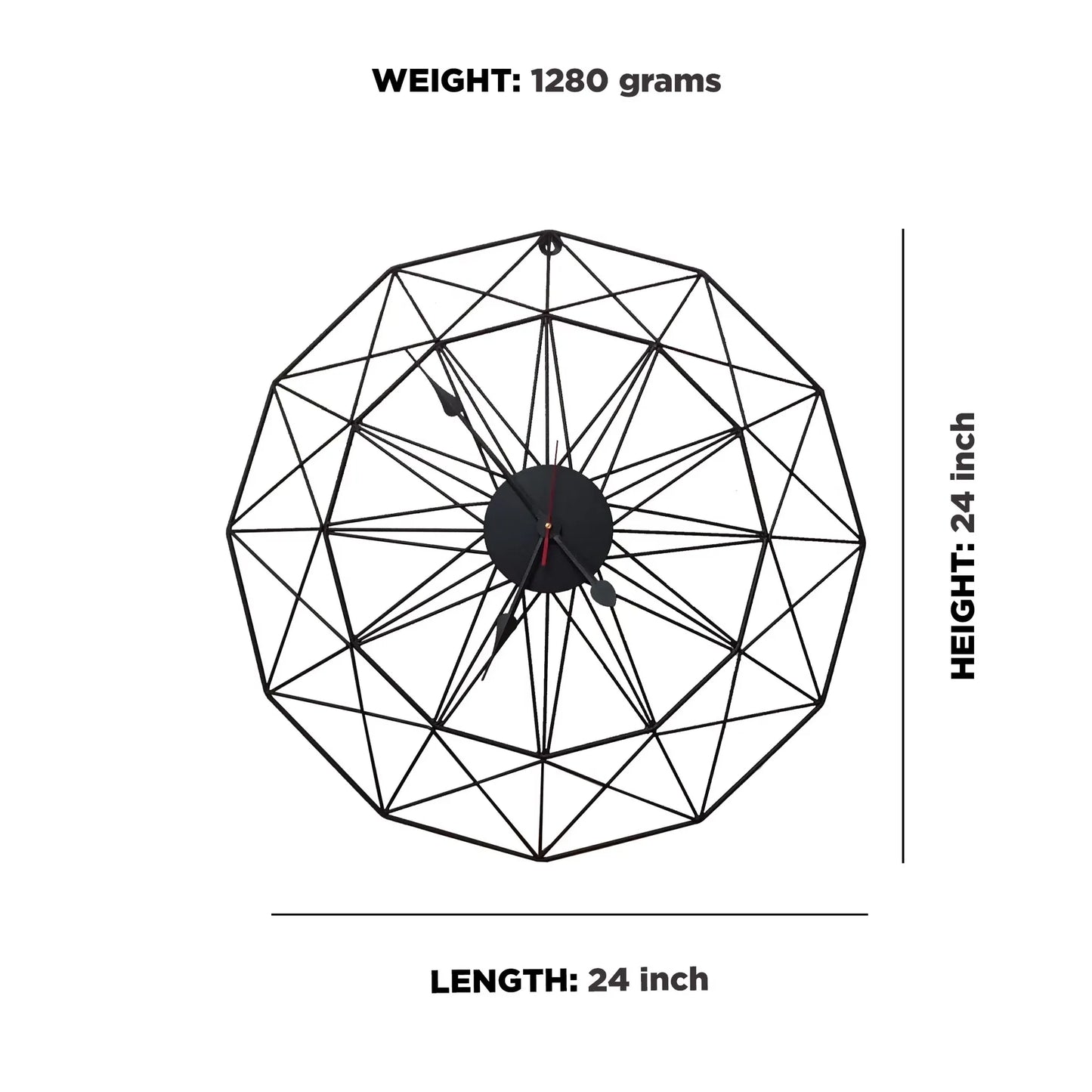 Modern Style Wall Clock - Blenford features a 24-inch black wireframe face resembling a spider-web, with simple hour and minute hands and a red second hand, epitomizing minimalist elegance and creative design.