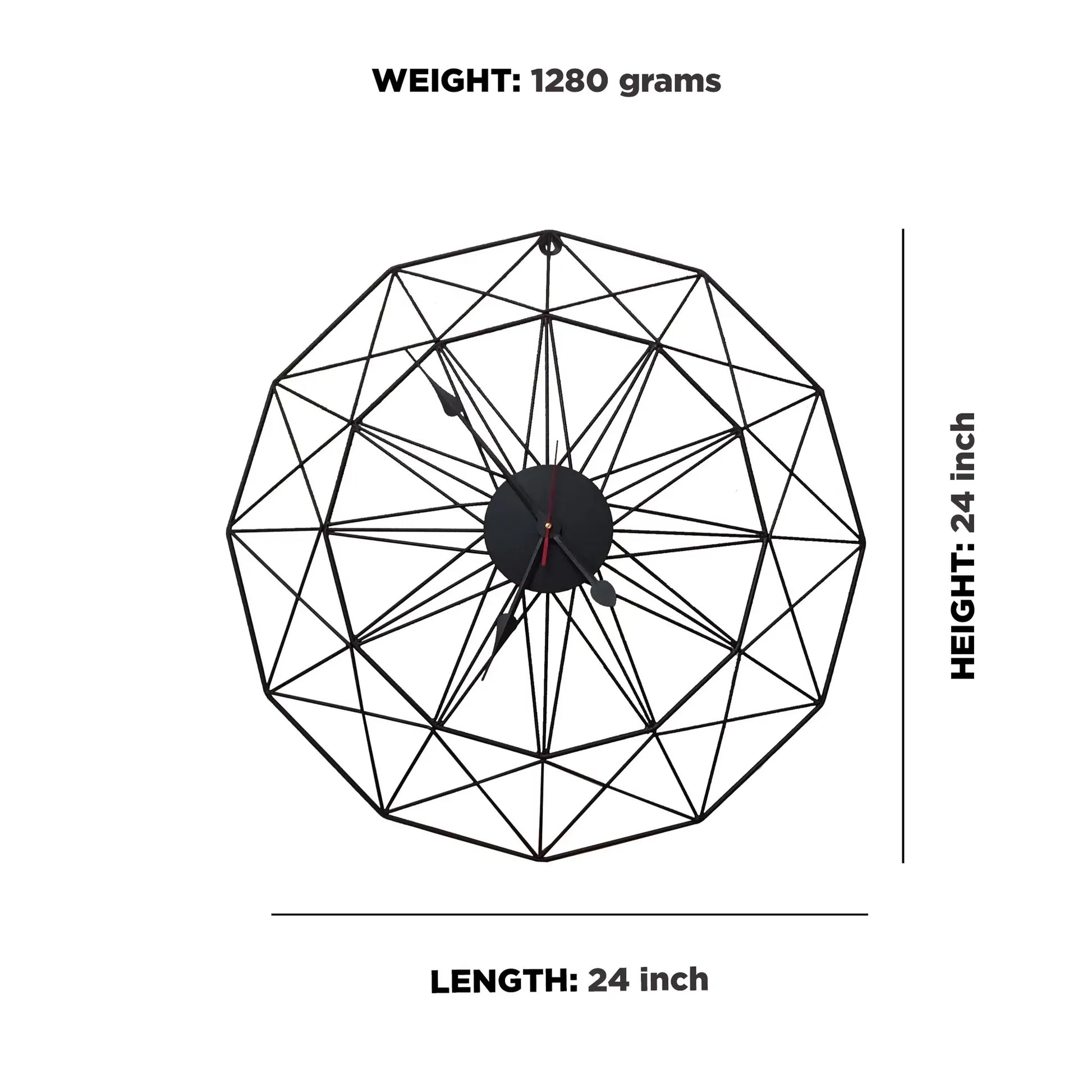 Modern Style Wall Clock - Blenford features a 24-inch black wireframe face resembling a spider-web, with simple hour and minute hands and a red second hand, epitomizing minimalist elegance and creative design.