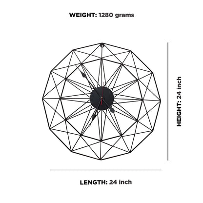 Modern Style Wall Clock - Blenford features a 24-inch black wireframe face resembling a spider-web, with simple hour and minute hands and a red second hand, epitomizing minimalist elegance and creative design.