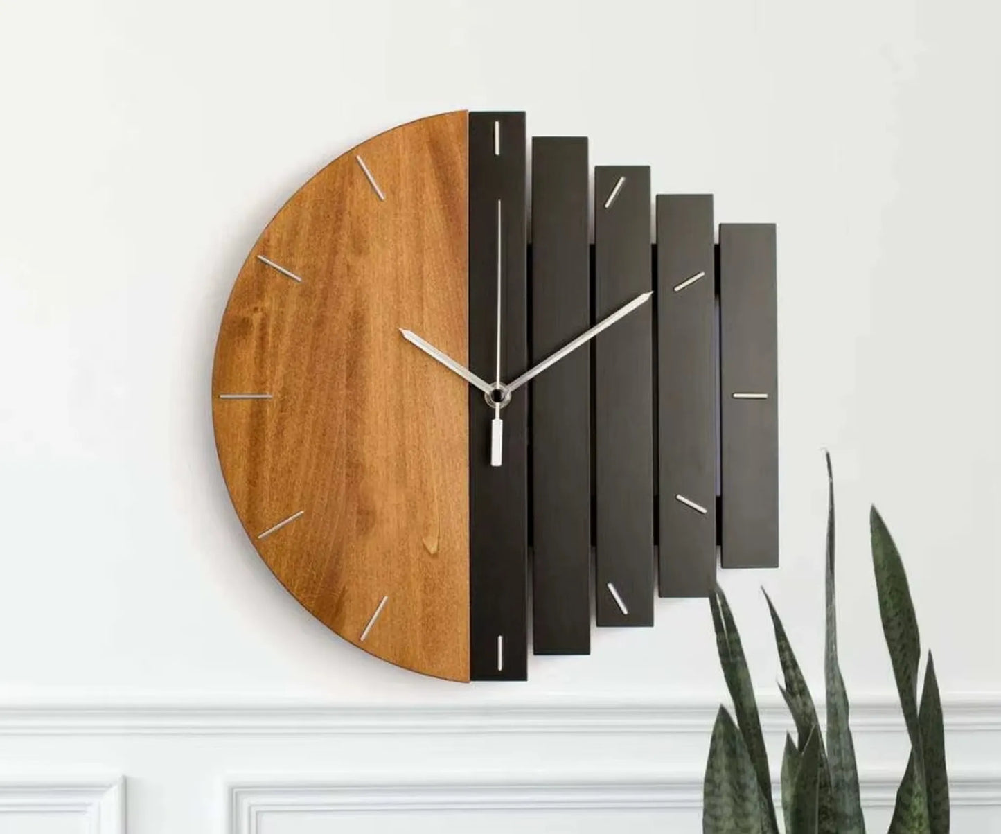 Modern wood wall clock - Clevor features a two-tone design with warm wood and black slats, sleek silver hands, adding a bold statement to large spaces.