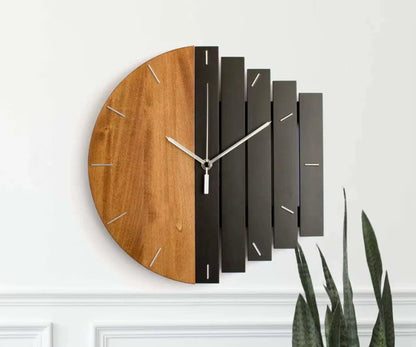 Modern wood wall clock - Clevor features a two-tone design with warm wood and black slats, sleek silver hands, adding a bold statement to large spaces.