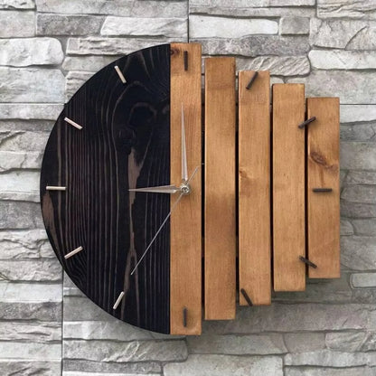 Modern wood wall clock - Clevor: A striking wall-mounted clock with a dark-stained, semi-circular design and lighter wooden slats, featuring minimalist hour markers and slim metal hands, perfect for large spaces.
