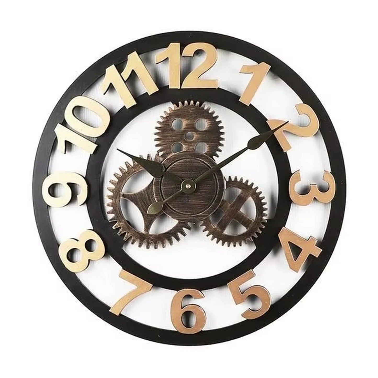 Large metal wall clock - Chronis: A 15.7-inch decorative steampunk-style clock with exposed ornamental gears and a black ring with gold-tone numerals, ideal for industrial interiors from The Horologista.