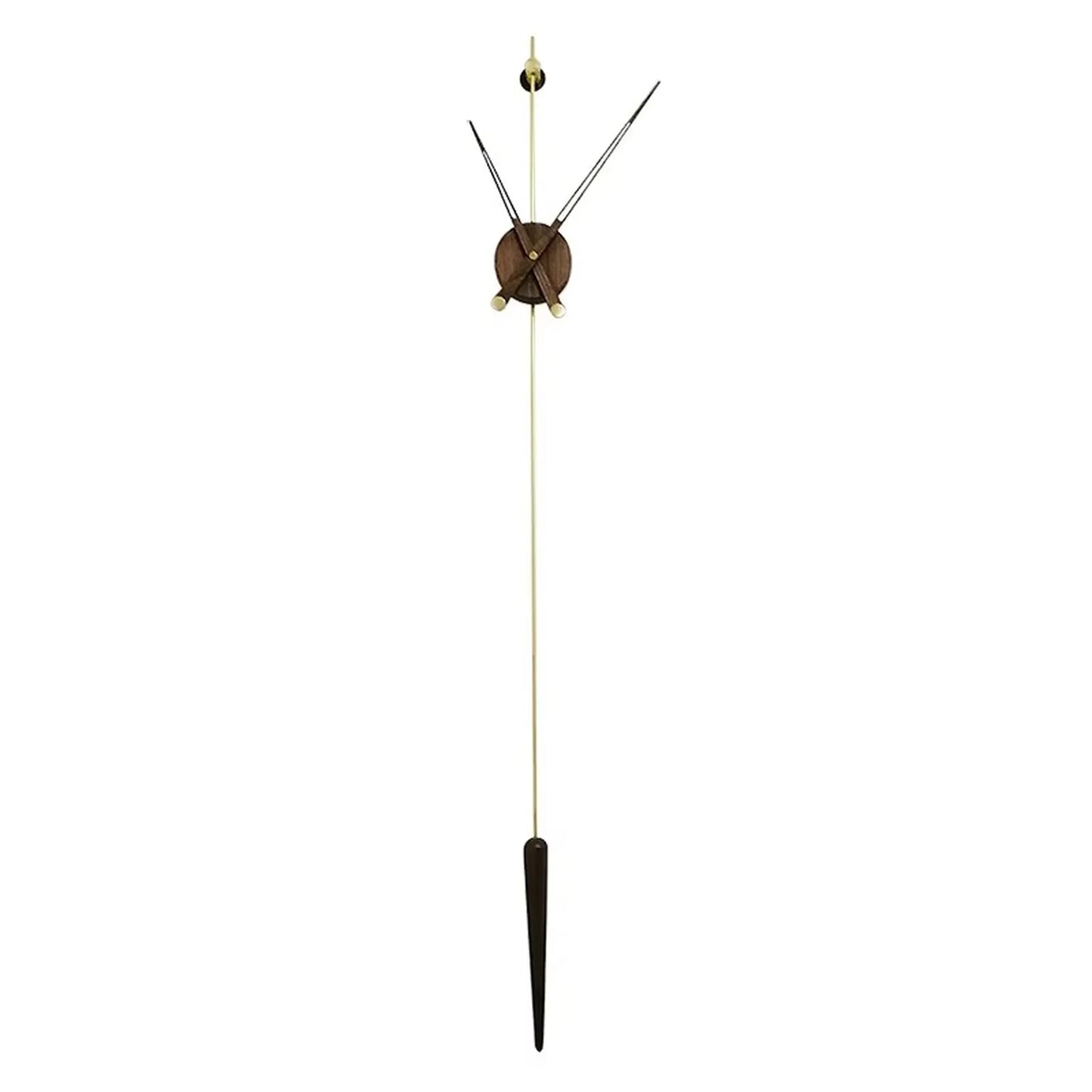 Mid century modern wall clock - Ellroy features a minimalist design with a dark wood hub, three slender hands, and a brass pendulum, creating a striking, frameless visual centerpiece.