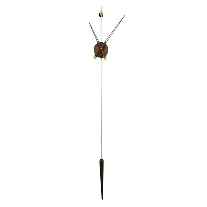 Mid century modern wall clock - Ellroy features a minimalist design with a dark wood hub, three slender hands, and a brass pendulum, creating a striking, frameless visual centerpiece.
