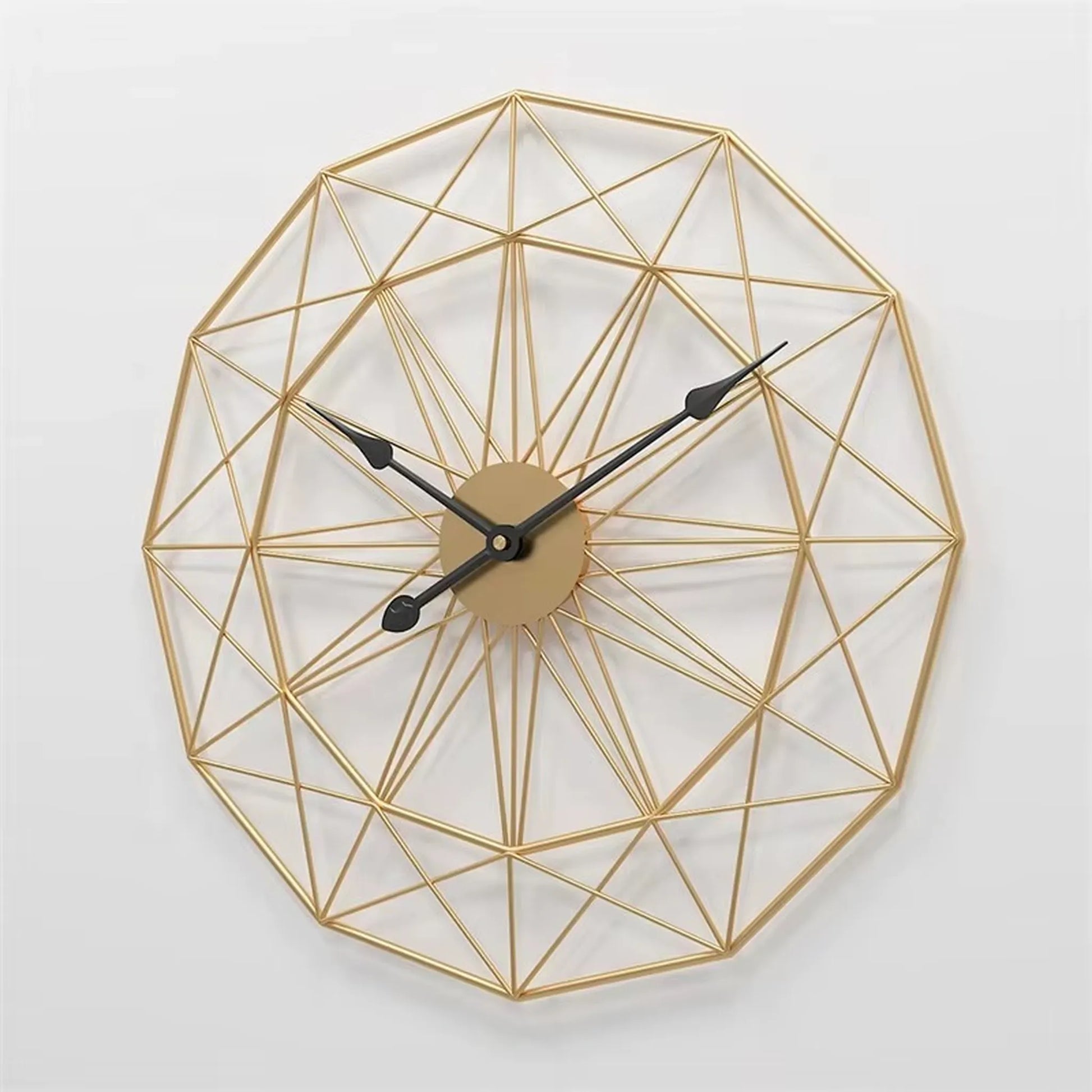 Modern Style Wall Clock - Blenford features a geometric, gold-finished wireframe design with simple black hands, embodying minimalist elegance and creative design for a stunning, functional art piece.