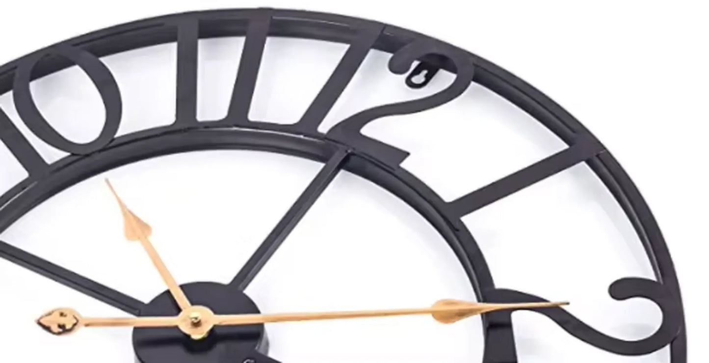 Oversized Wall Clock - Alderton features a black metal skeleton-style frame with cut-out numerals, gold-colored hands, and visible moving gears, highlighting its exposed 3D mechanism for a striking visual appeal.