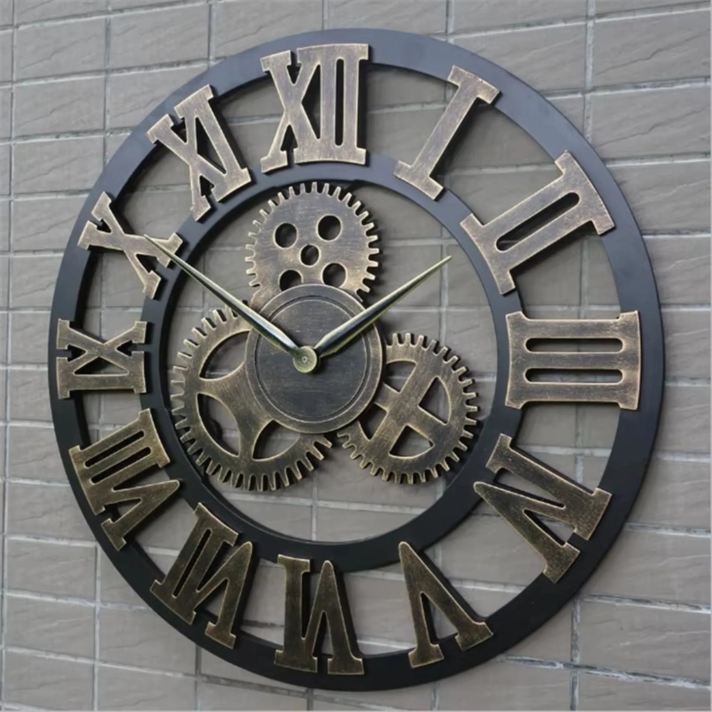 Large metal wall clock - Chronis: An open-face industrial design featuring bronze cut-out Roman numerals and interlocking gears, perfect for contemporary or rustic decor.