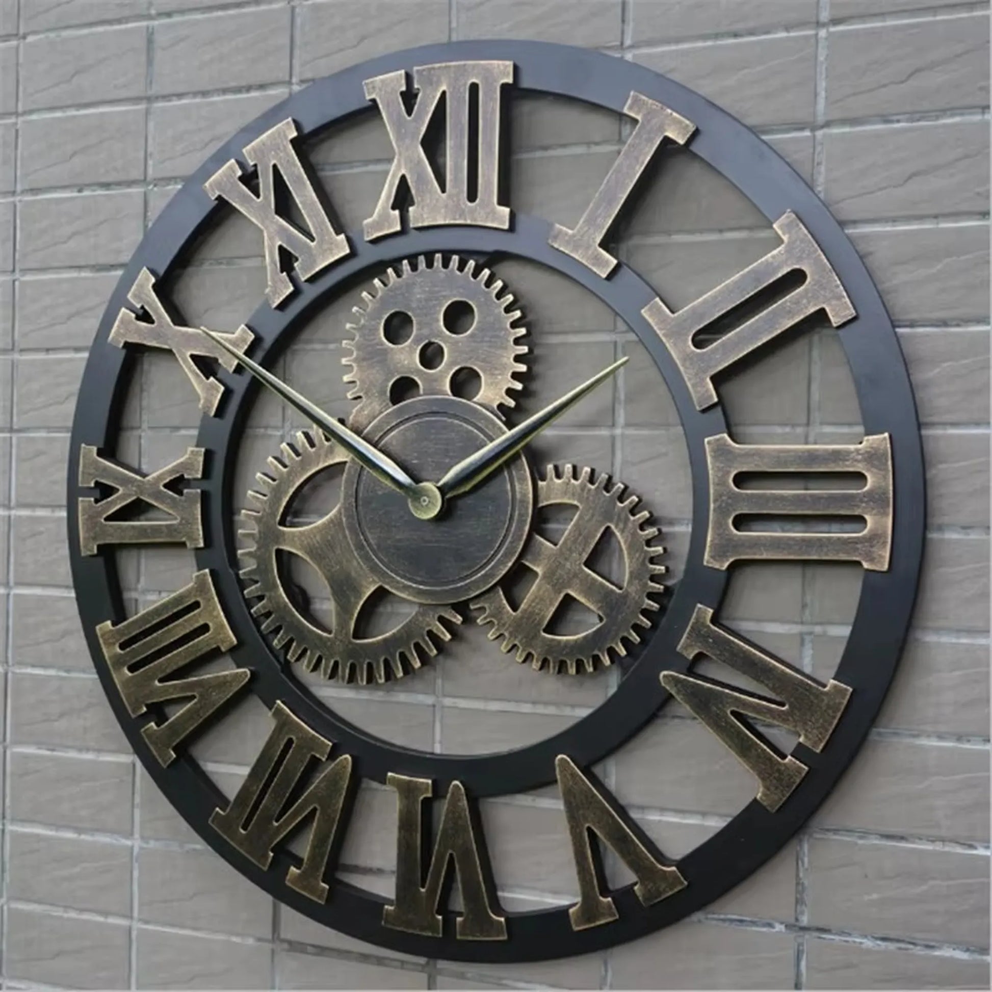 Large metal wall clock - Chronis: An open-face industrial design featuring bronze cut-out Roman numerals and interlocking gears, perfect for contemporary or rustic decor.