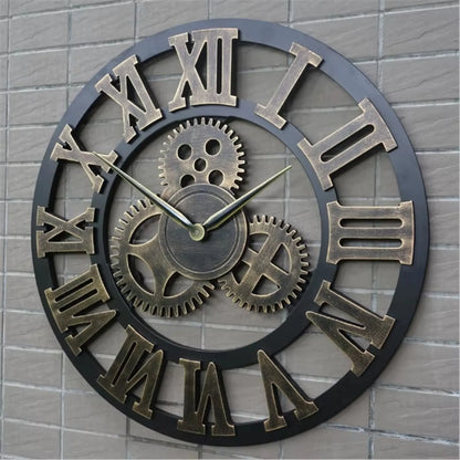 Large metal wall clock - Chronis: An open-face industrial design featuring bronze cut-out Roman numerals and interlocking gears, perfect for contemporary or rustic decor.