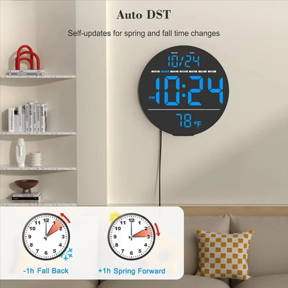 Digital Wall Clocks - Hadley: Round wall-mounted digital clock displays time, date, and temperature. Features auto DST adjustment, enhancing decor above a sofa with a sleek black face and blue digits.