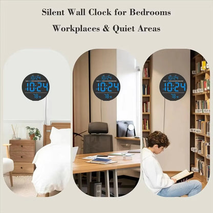 Digital Wall Clocks - Hadley displayed in a bedroom, home office, and library nook, showcasing its clear LED display of time, date, and temperature, ideal for noise-sensitive environments.