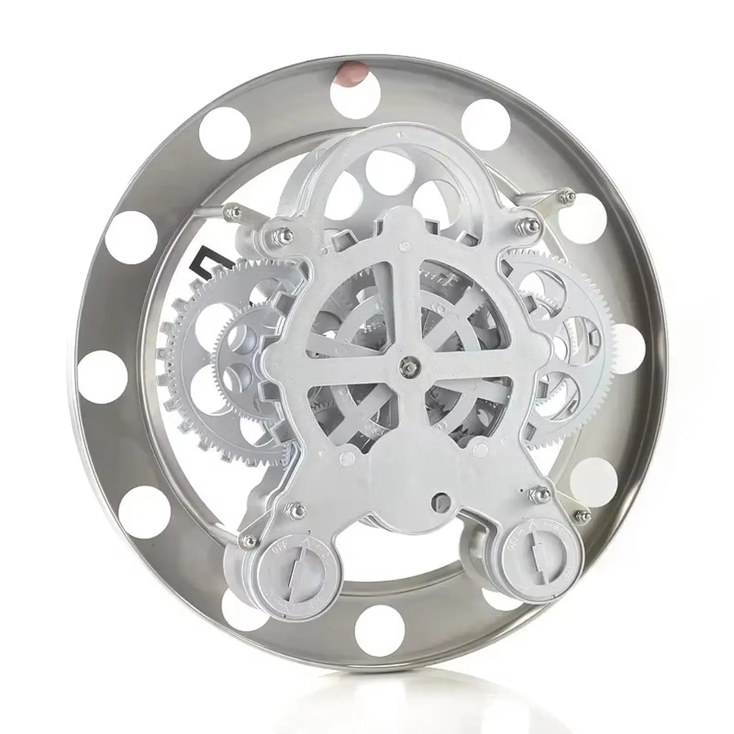Modern Wall Clock Design - Elverton: Exposed clock mechanics with interlocking gears and winding knobs, framed by a gun-metal ring with Roman markers, creating a slow-moving wall sculpture.