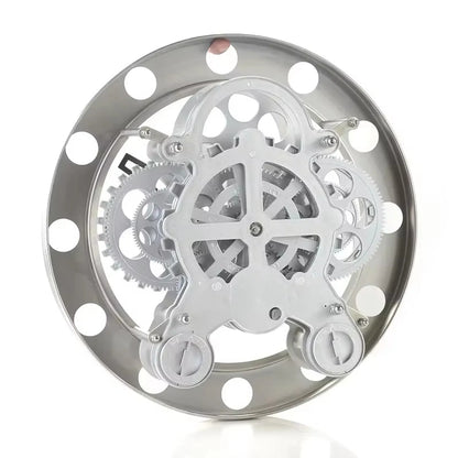Modern Wall Clock Design - Elverton: Exposed clock mechanics with interlocking gears and winding knobs, framed by a gun-metal ring with Roman markers, creating a slow-moving wall sculpture.