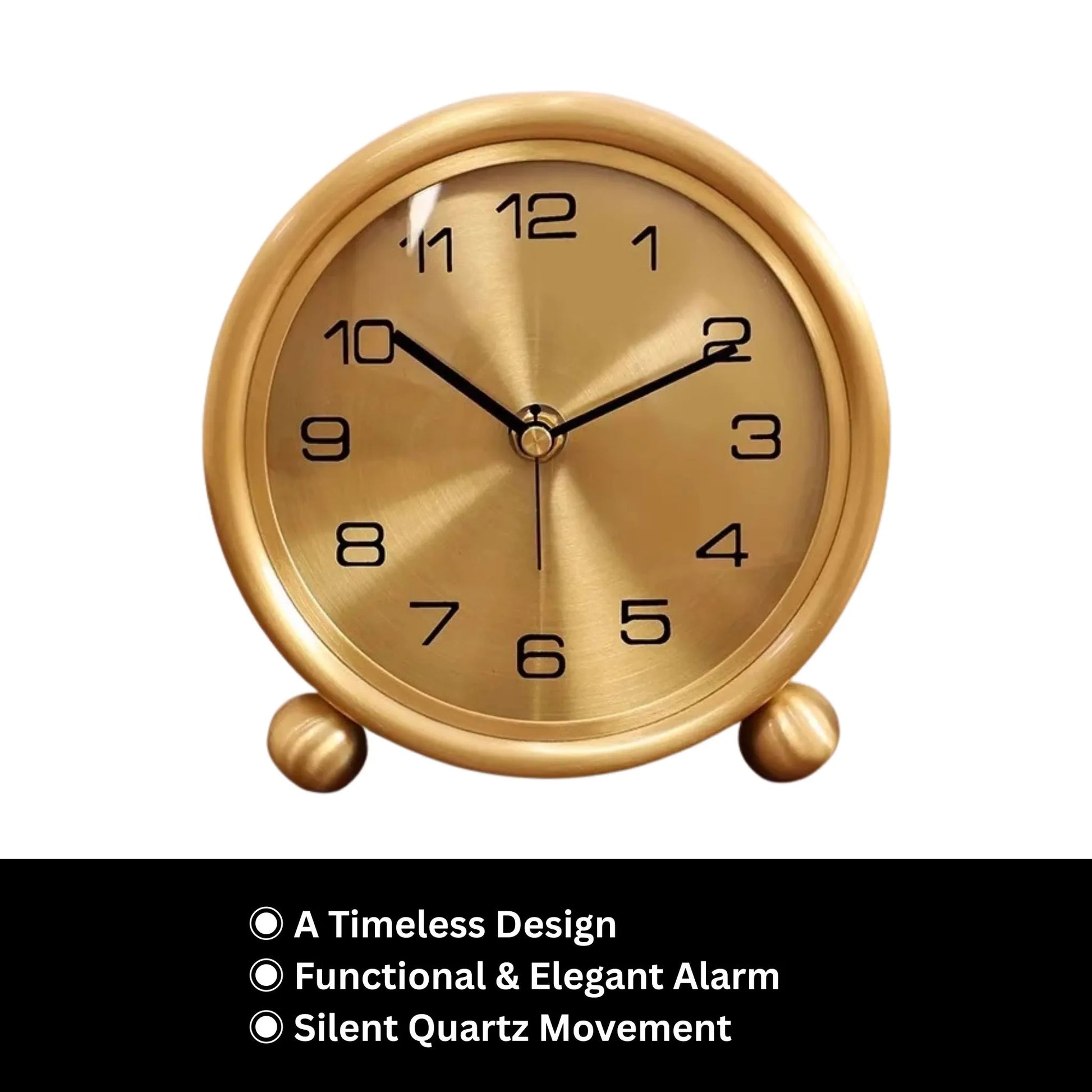 Brass Table Clock - Helric: A classic brushed gold tabletop alarm clock with black numerals, silent quartz movement, and elegant spherical feet, ideal for adding timeless sophistication to any desk or mantel.