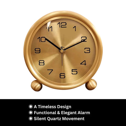Brass Table Clock - Helric: A classic brushed gold tabletop alarm clock with black numerals, silent quartz movement, and elegant spherical feet, ideal for adding timeless sophistication to any desk or mantel.