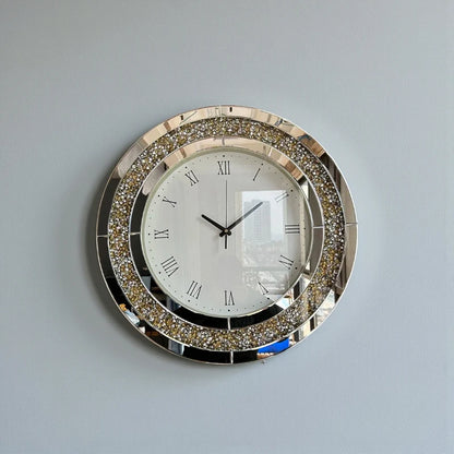 Fancy wall clock - Norwyn, featuring a white face with black Roman numerals and a mirrored bezel with sparkling crystals, creating a glamorous focal point for any room.