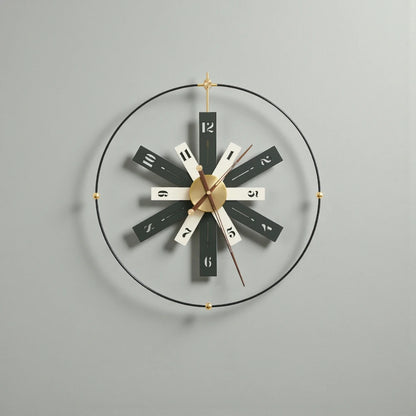Modern Lounge Wall Clocks - Fremton: A minimalist wall clock featuring a black metal ring with gold spheres, alternating black and off-white blades, and warm metallic hands for a mid-century design.