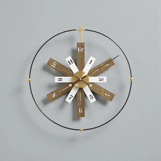 Modern Lounge Wall Clocks - Fremton features a brass hub with walnut and white spokes and cut-out numerals, framed by a thin black ring, perfect for contemporary spaces from The Horologista.